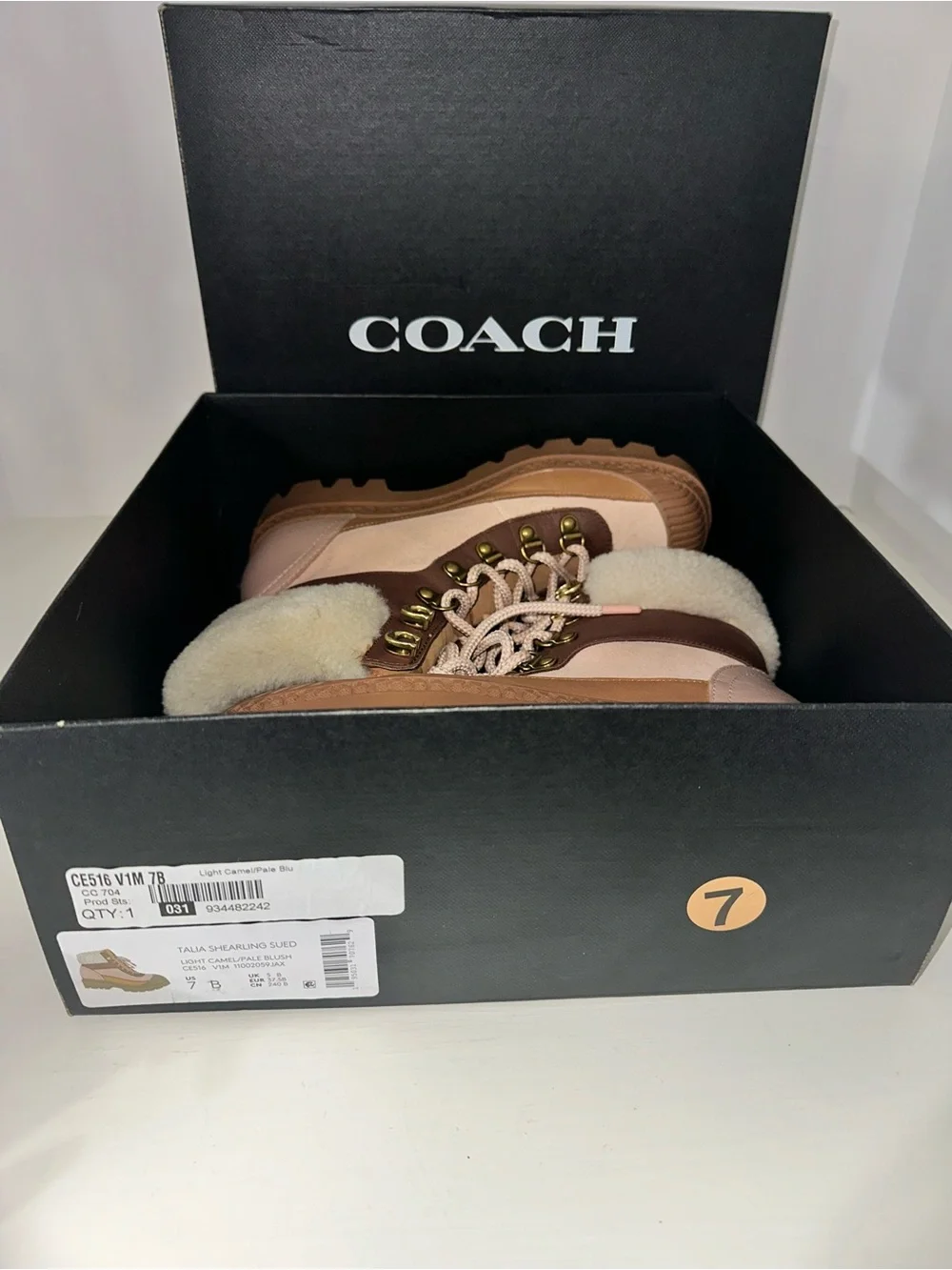 Coach Pink and Tan Lace-Up Shearling-Trim Boots